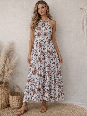 NEW Old Navy Floral Halter Maxi Dress Boho Tiered Cottagecore Sundress Sz Small